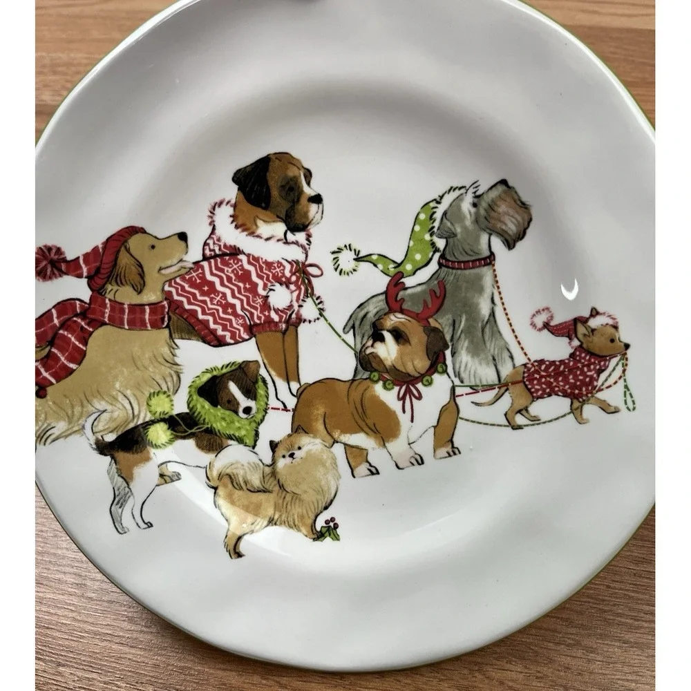 Pier 1 Park Avenue Puppies Dogs Salad Dessert Plates, Set of 2, Christmas Winter